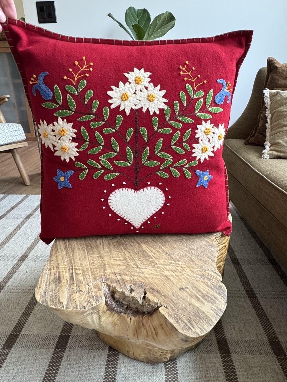 Jan Constantine Alpine Rose Cushion Red Wool Embroidered Pillow Floral Heart 18